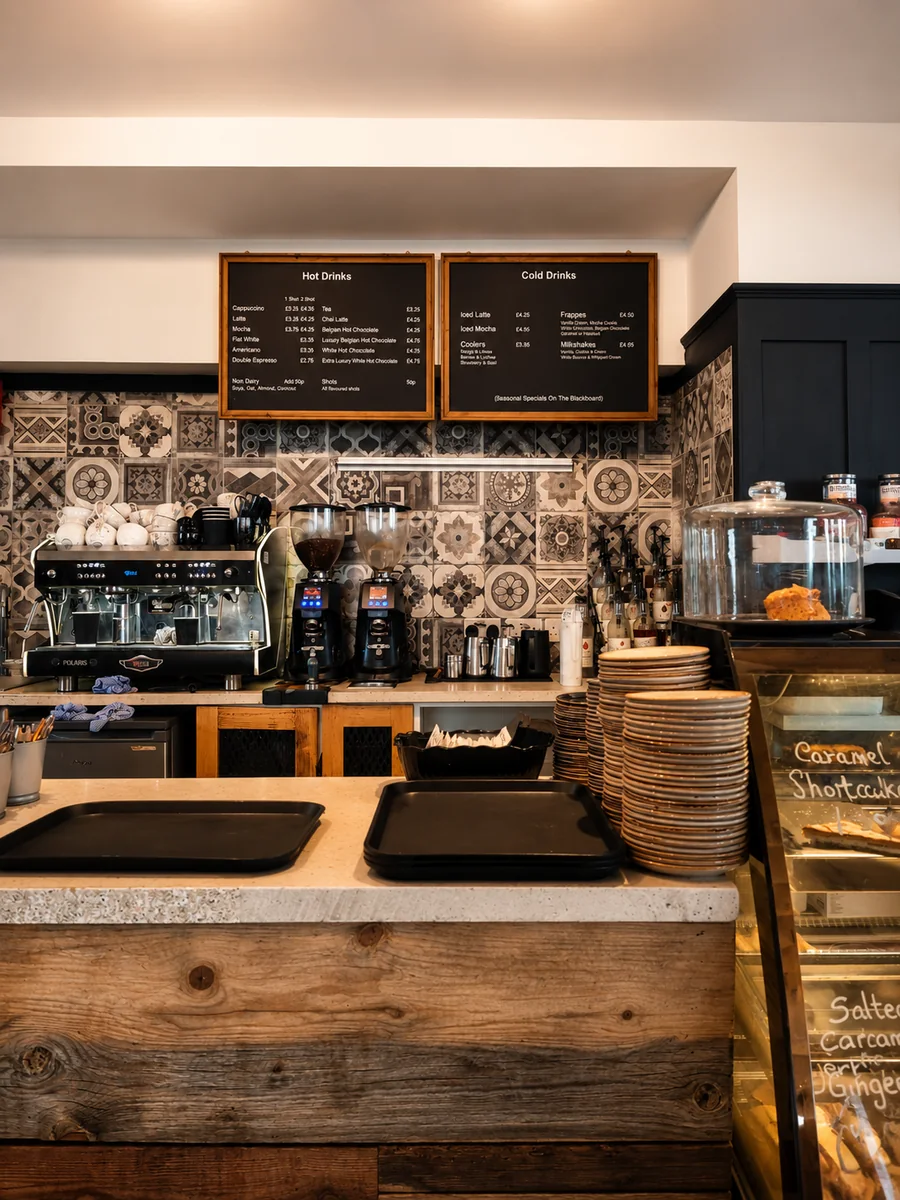 Coffee bar counter with espresso machine, menu boards and cake display
