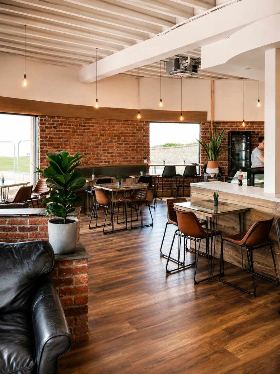 Bright North Beach Coffee Bar dining room with coastal views