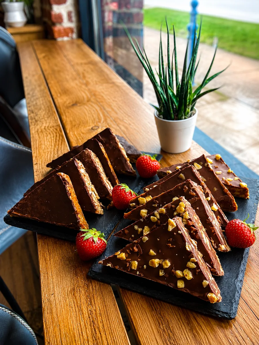 Chocolate dessert slices with strawberries on a table by the window