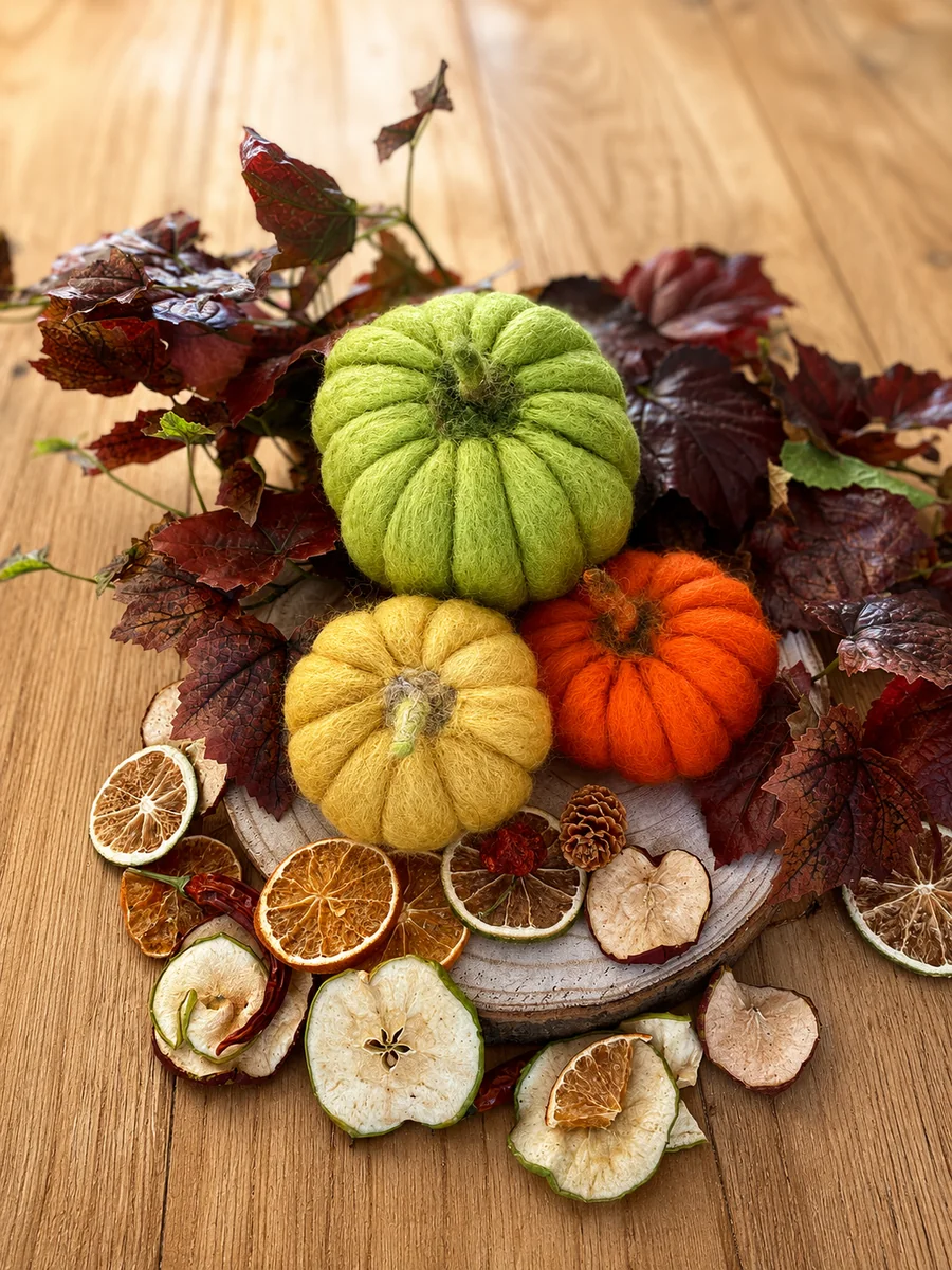 Seasonal autumn display with pumpkins, dried fruit and leaves