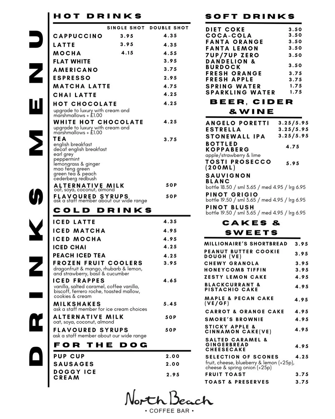 North Beach Coffee Bar drinks and cakes menu